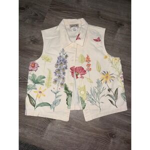 Touch O Blue Vintage Floral Botanical Garden Print Cotton Button Up Vest Large